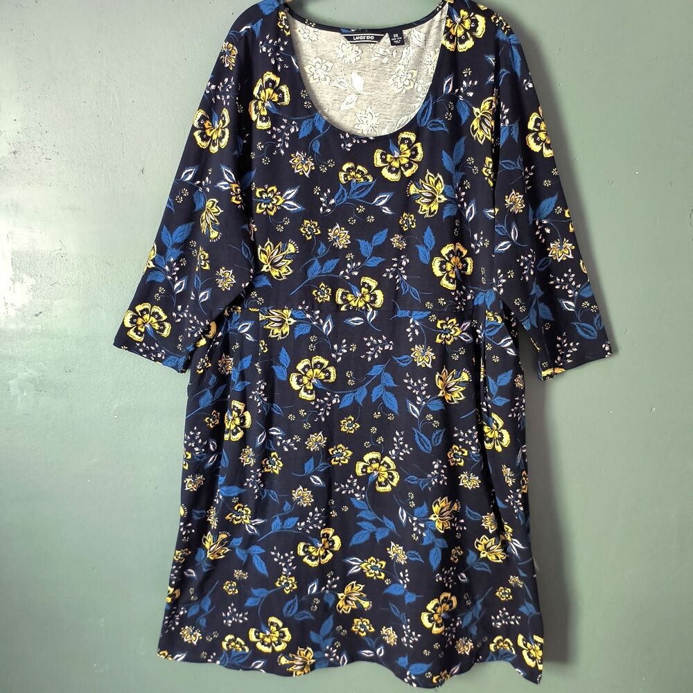 Lands' End Midi Dress 2X Blue Floral Cotton Spandex Stretch Cottagecore Cozy